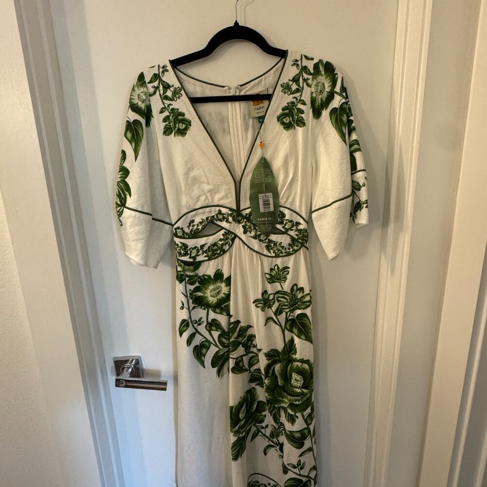 Farm Rio Off-White Green Floral Cascade Midi Dress - Picture 5 of 7